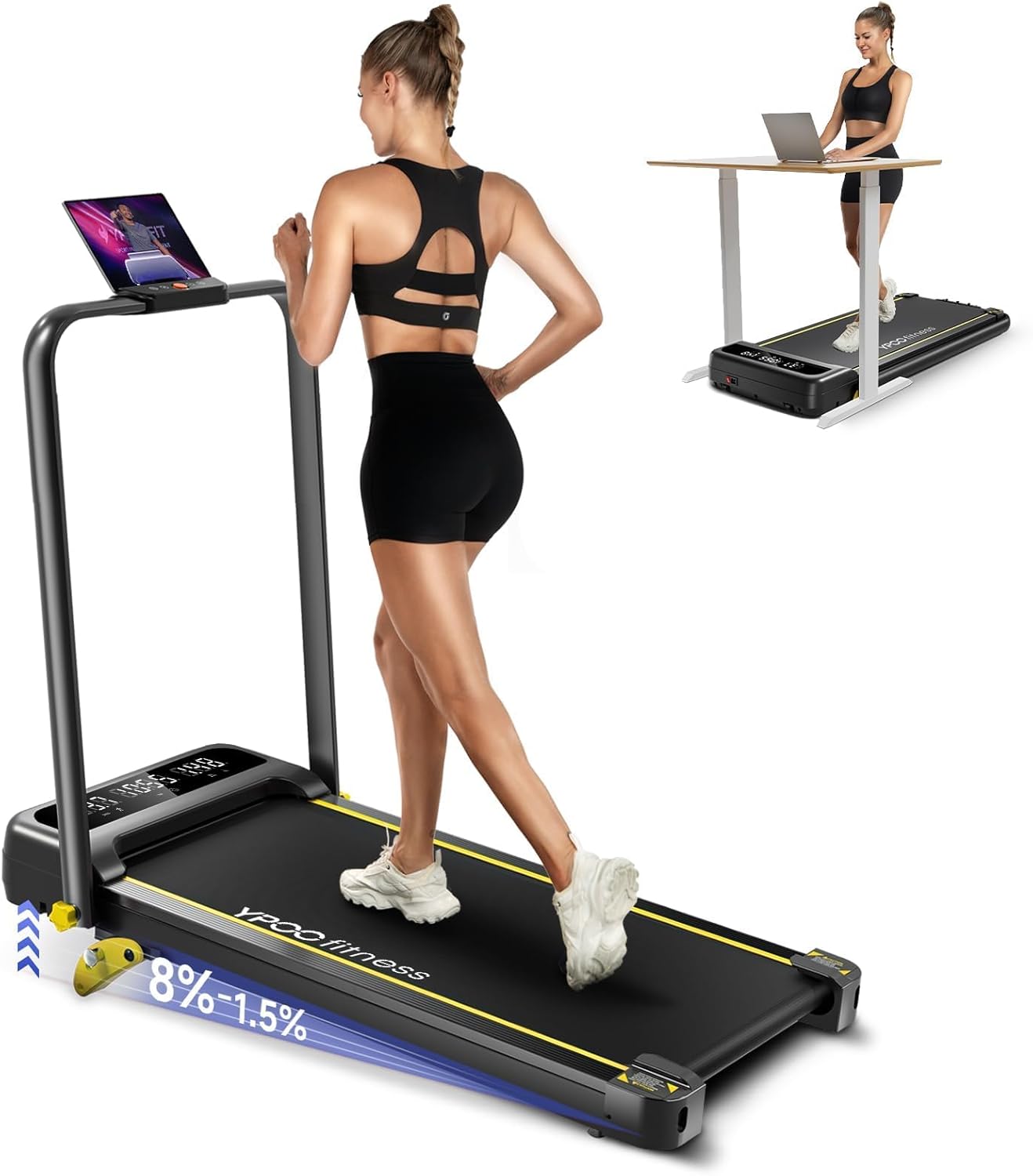 Foldable Treadmill with Incline, Walking Pad with Handle Bar 3 Level Incline, Portable Folding Treadmills